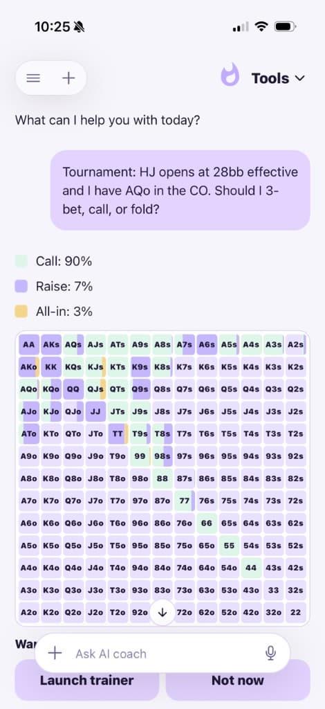 Pokerbase AI answering a tournament preflop question with a visual range