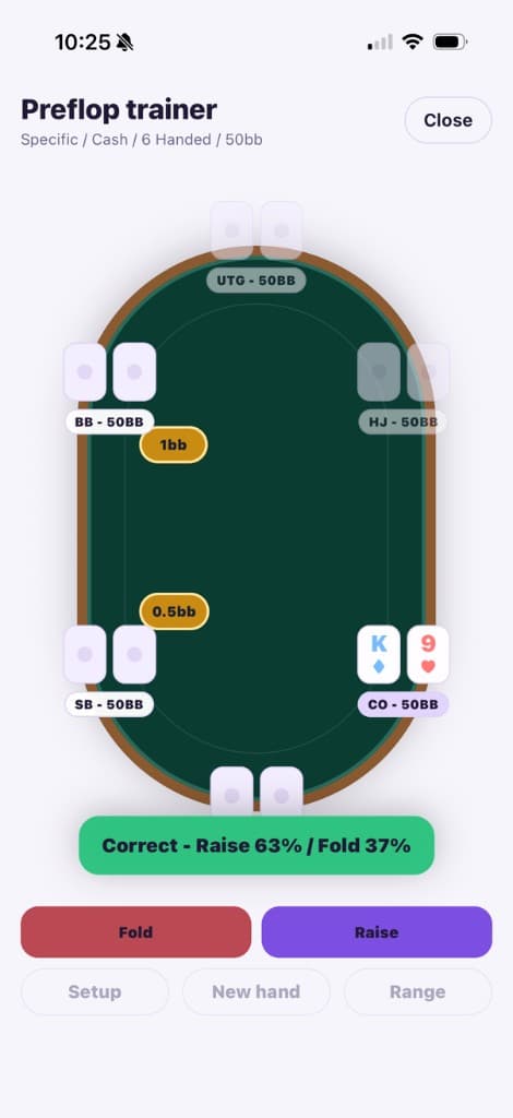 Pokerbase AI preflop trainer showing the correct action for king-nine suited